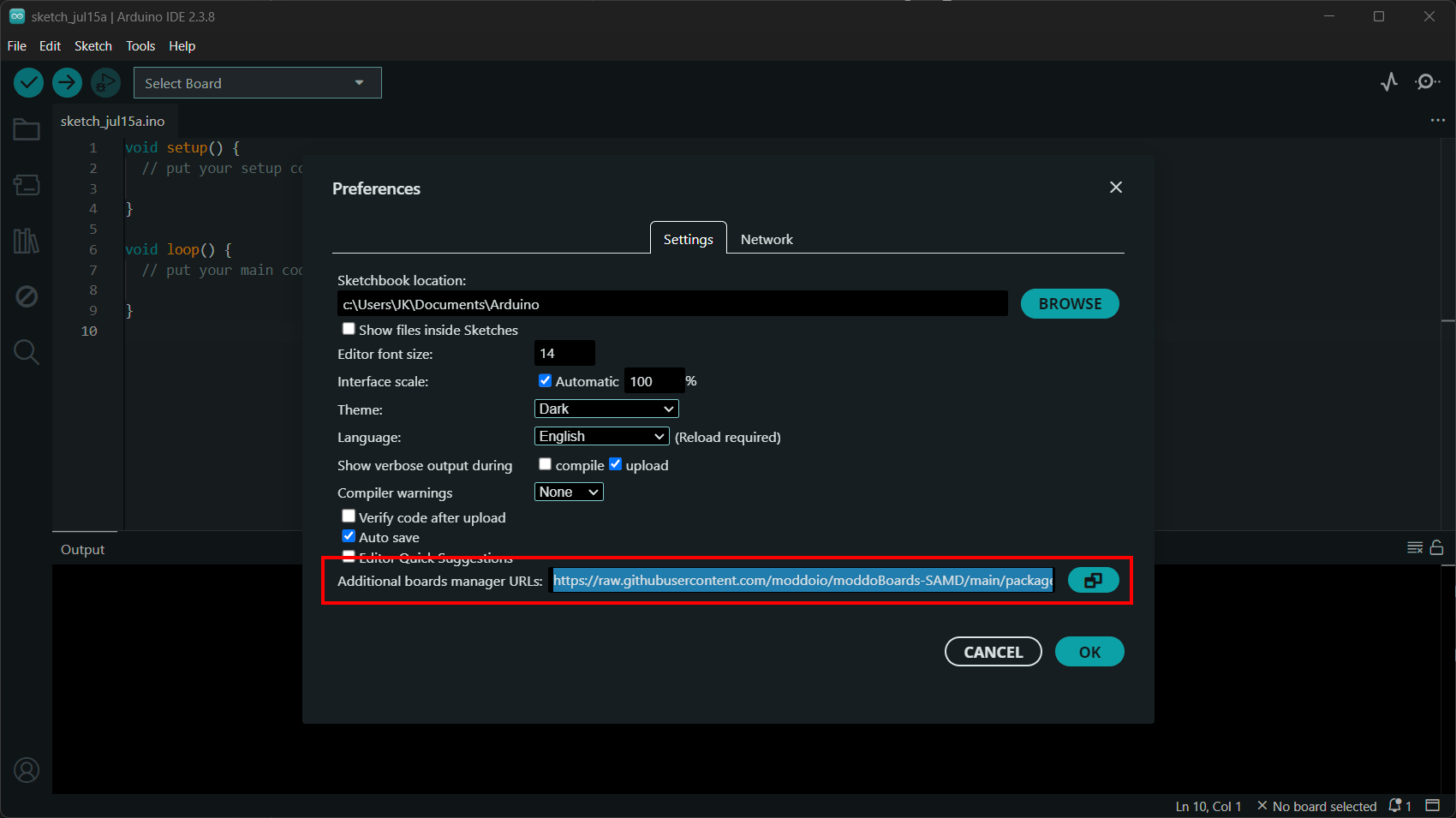 Add the moddo package URL under Additional Boards Manager URLs